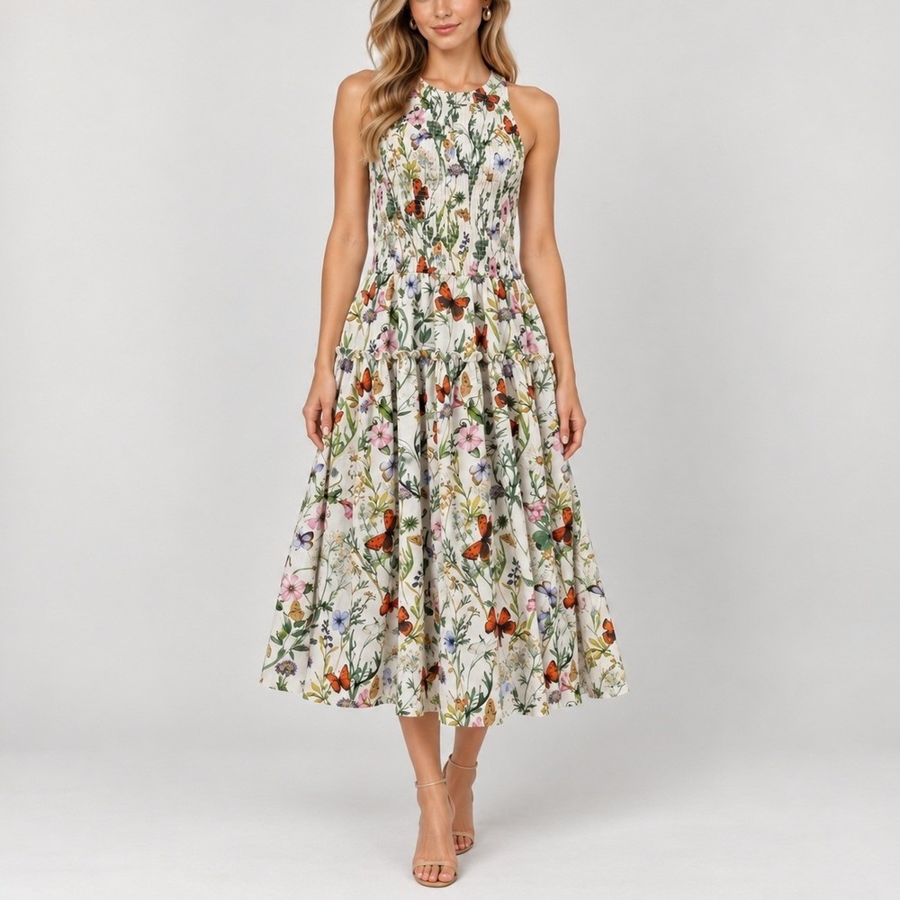 Avec Les Filles Floral Smocked Bodice Midi Dress 10 Linen Blend
